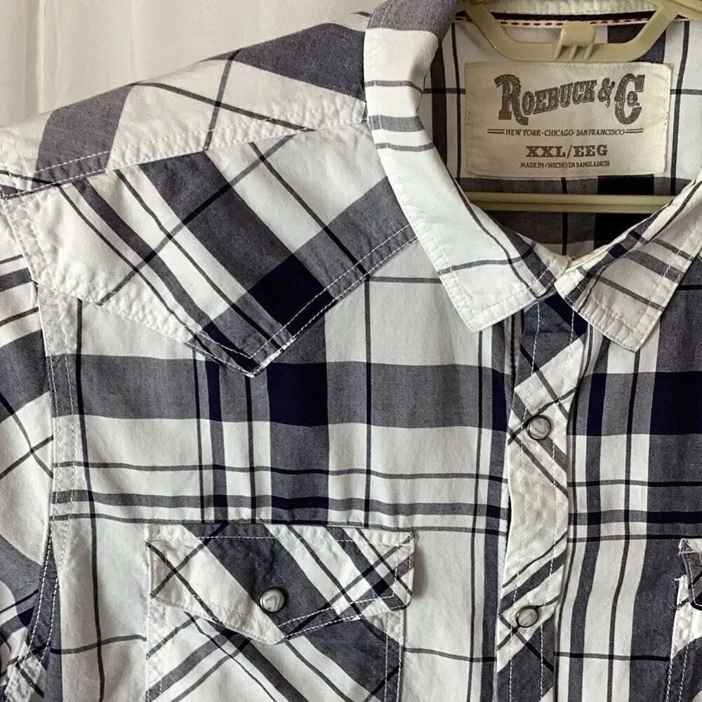 Roebuck & Co. XXL Western Pearl Snap Front Plaid Shirt 100% Cotton Blue White - Picture 7 of 9